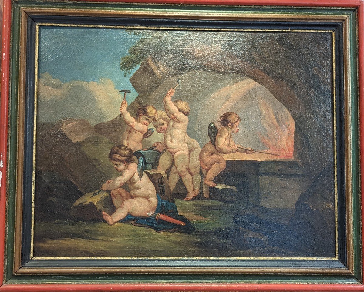 Cupids In The Forge Of Vulcain Oil On Canvas Workshop By Francesco De Mura 18th Century School-photo-2