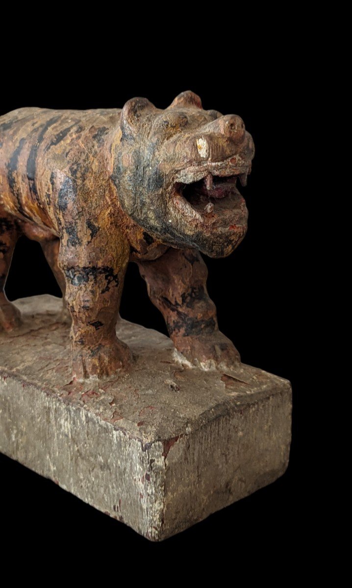 Roaring Lion Statuette In Polychrome Solid Wood India 19th Century -photo-3