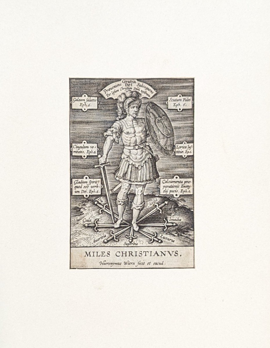 Engraving By Hieronymus Wierix "the Christian Soldier" Before 1619 17th Century-photo-2