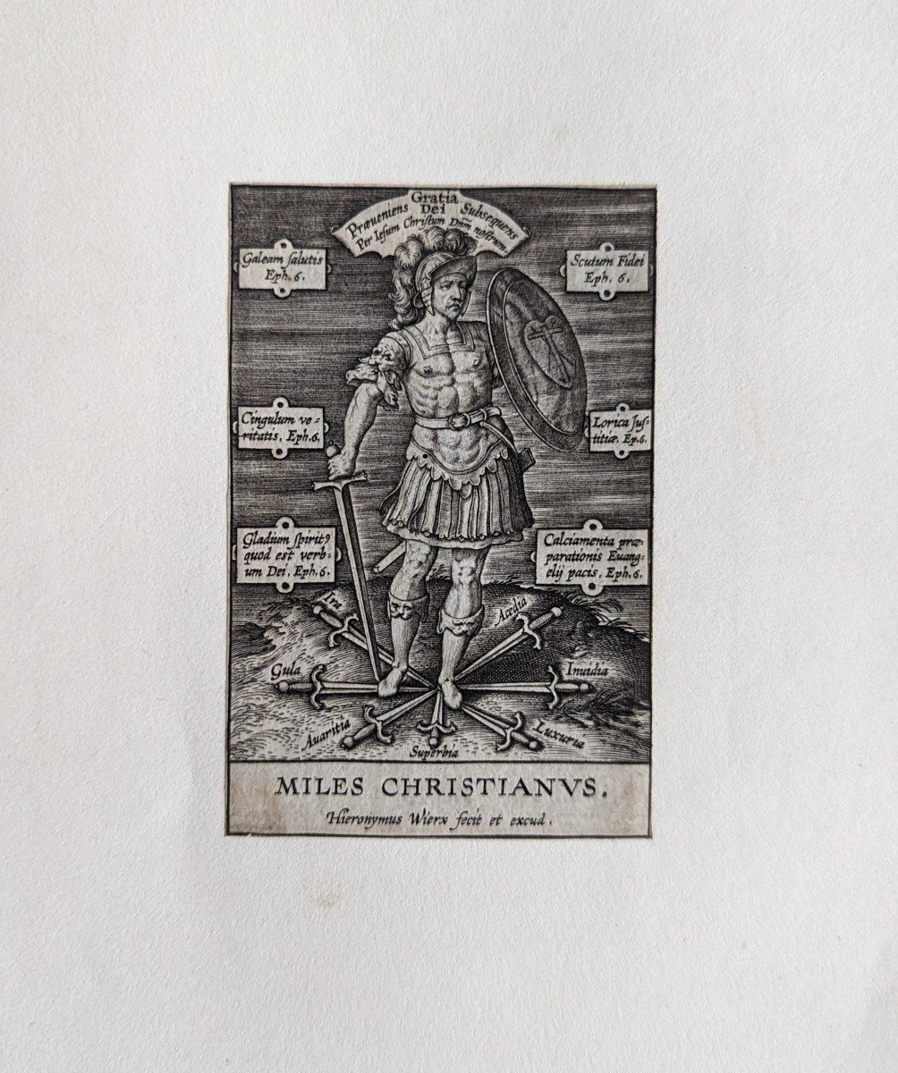 Engraving By Hieronymus Wierix "the Christian Soldier" Before 1619 17th Century-photo-3