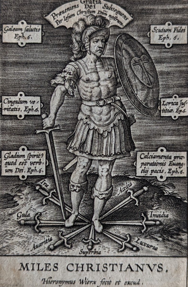 Engraving By Hieronymus Wierix "the Christian Soldier" Before 1619 17th Century-photo-4