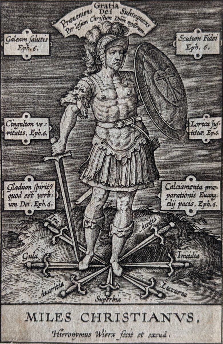 Engraving By Hieronymus Wierix "the Christian Soldier" Before 1619 17th Century