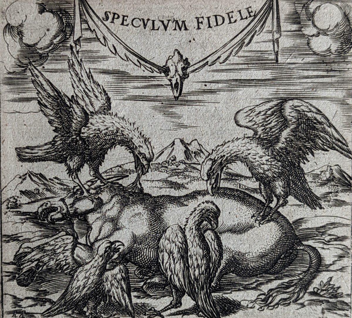 Engraving "speculum Fidele" From The Book Of Gorgette De Montenay - 1619 - By Pierre Woeiriot 