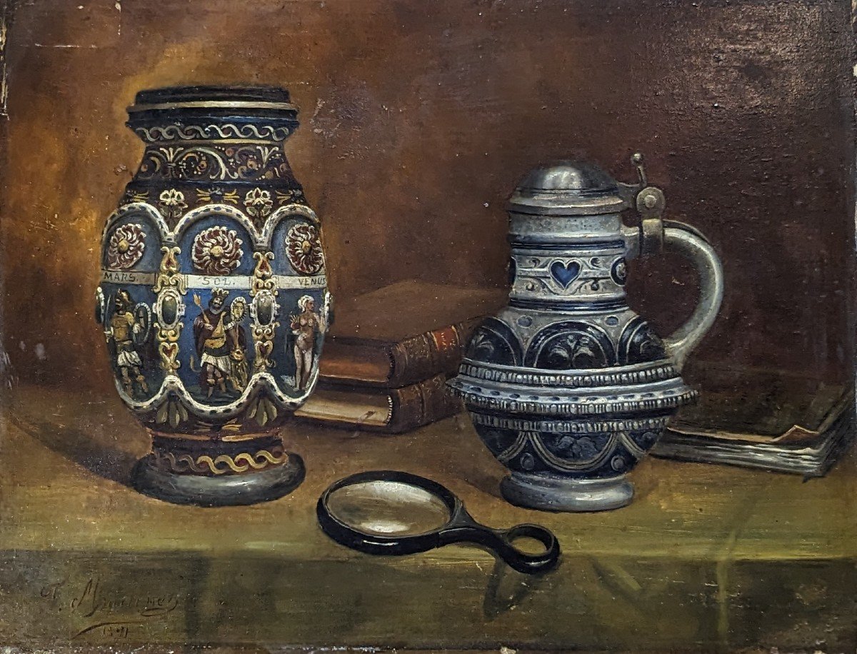 Oil On Panel - Still Life - Signed Fernando Martinez And Dated 1891