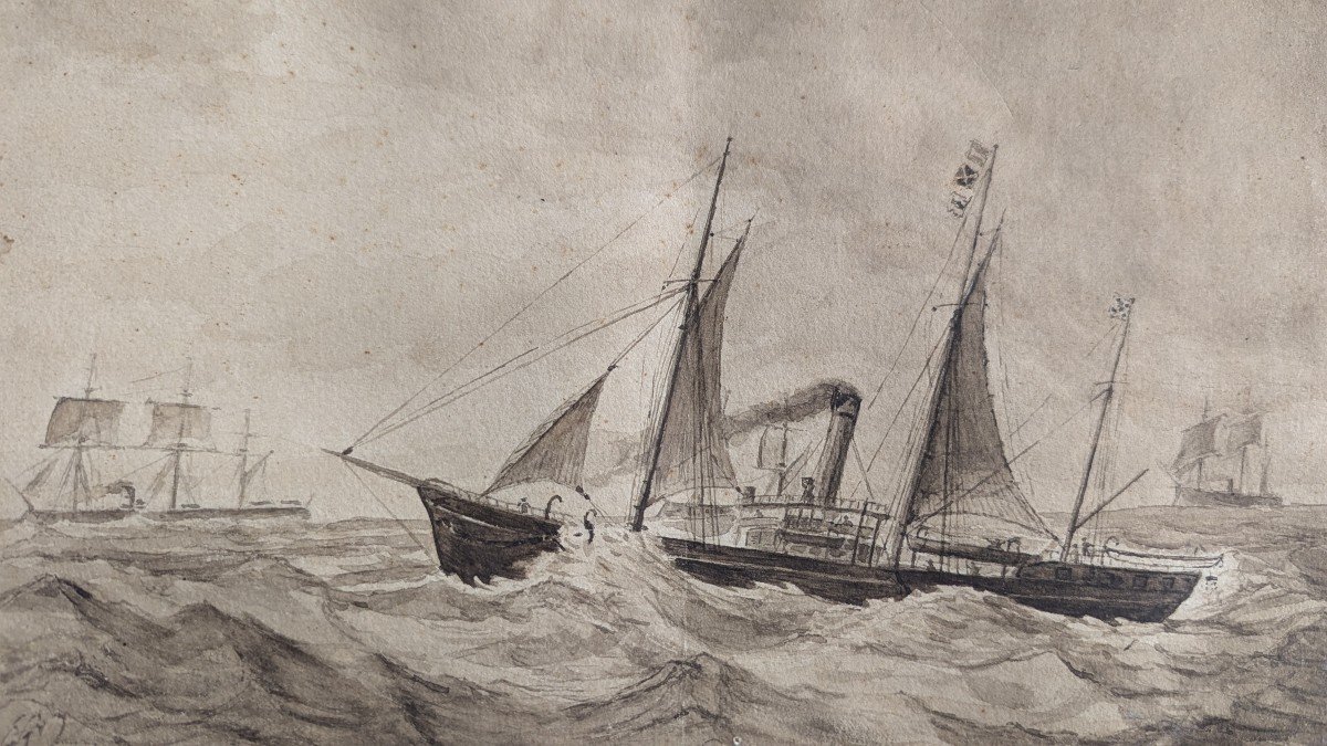 Théodore Gudin - Bateaux En Mer - Lavis - Marine - vers 1850