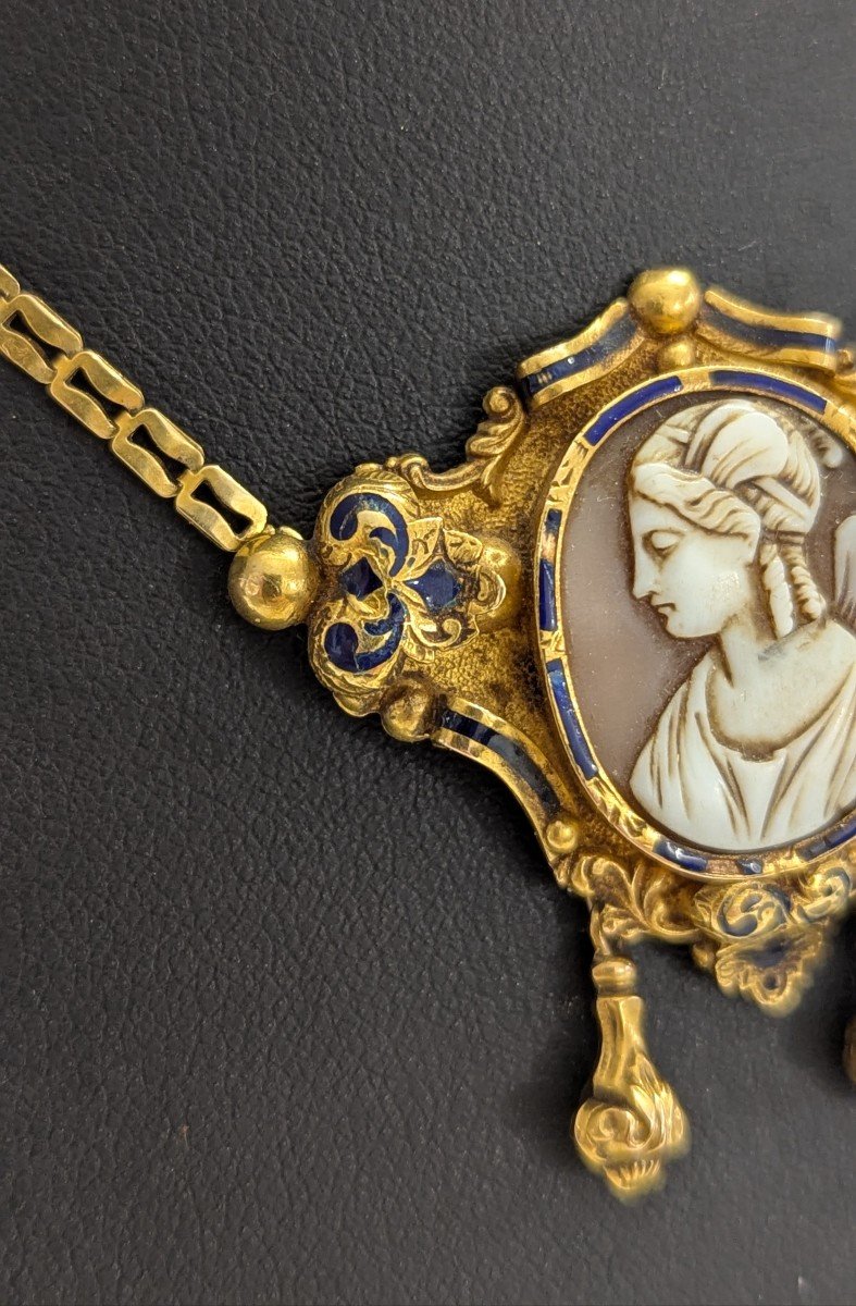 Gold & Enamel Necklace With Cameo – Napoleon III Period Work – 8g-photo-2