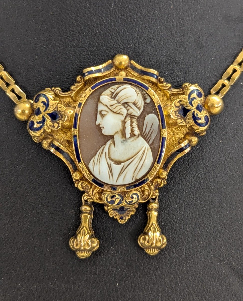 Gold & Enamel Necklace With Cameo – Napoleon III Period Work – 8g-photo-3