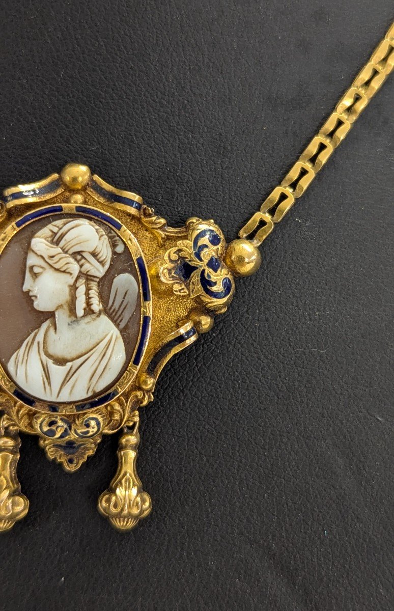 Gold & Enamel Necklace With Cameo – Napoleon III Period Work – 8g-photo-4