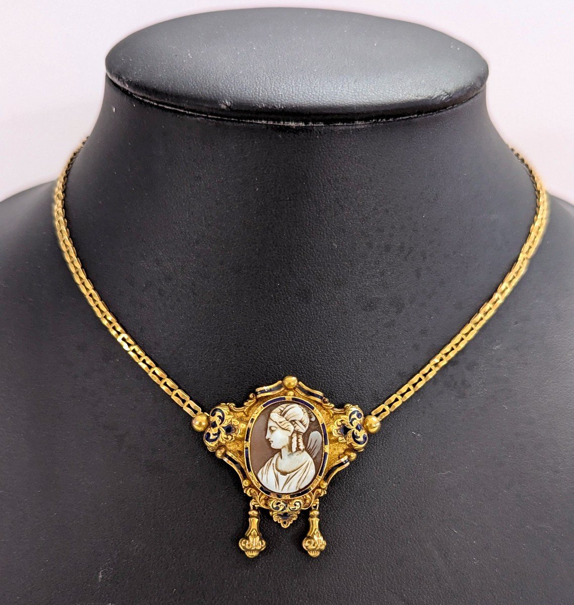 Gold & Enamel Necklace With Cameo – Napoleon III Period Work – 8g