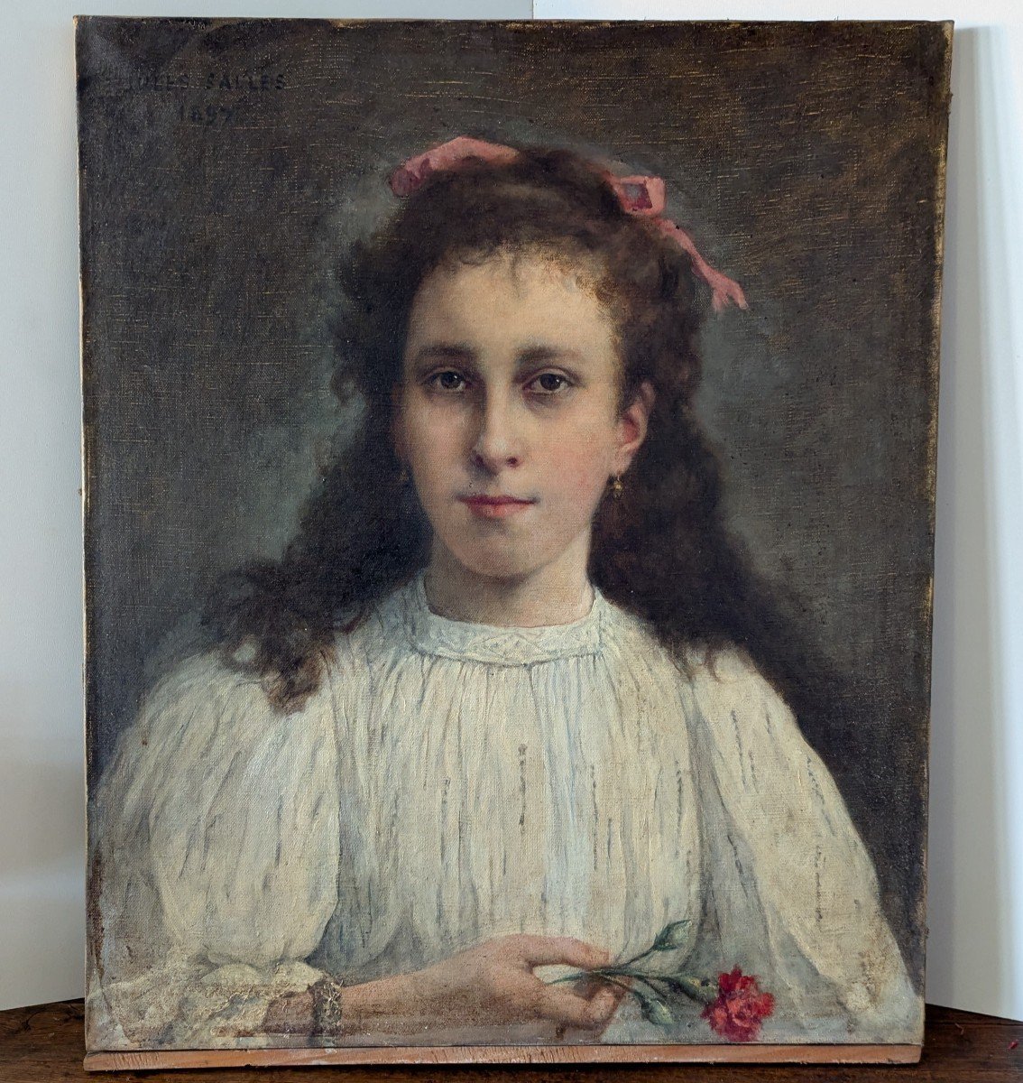 Portrait De Jeune Femme - Jules Salles (1814-1900) - Huile Sur Toile-photo-4