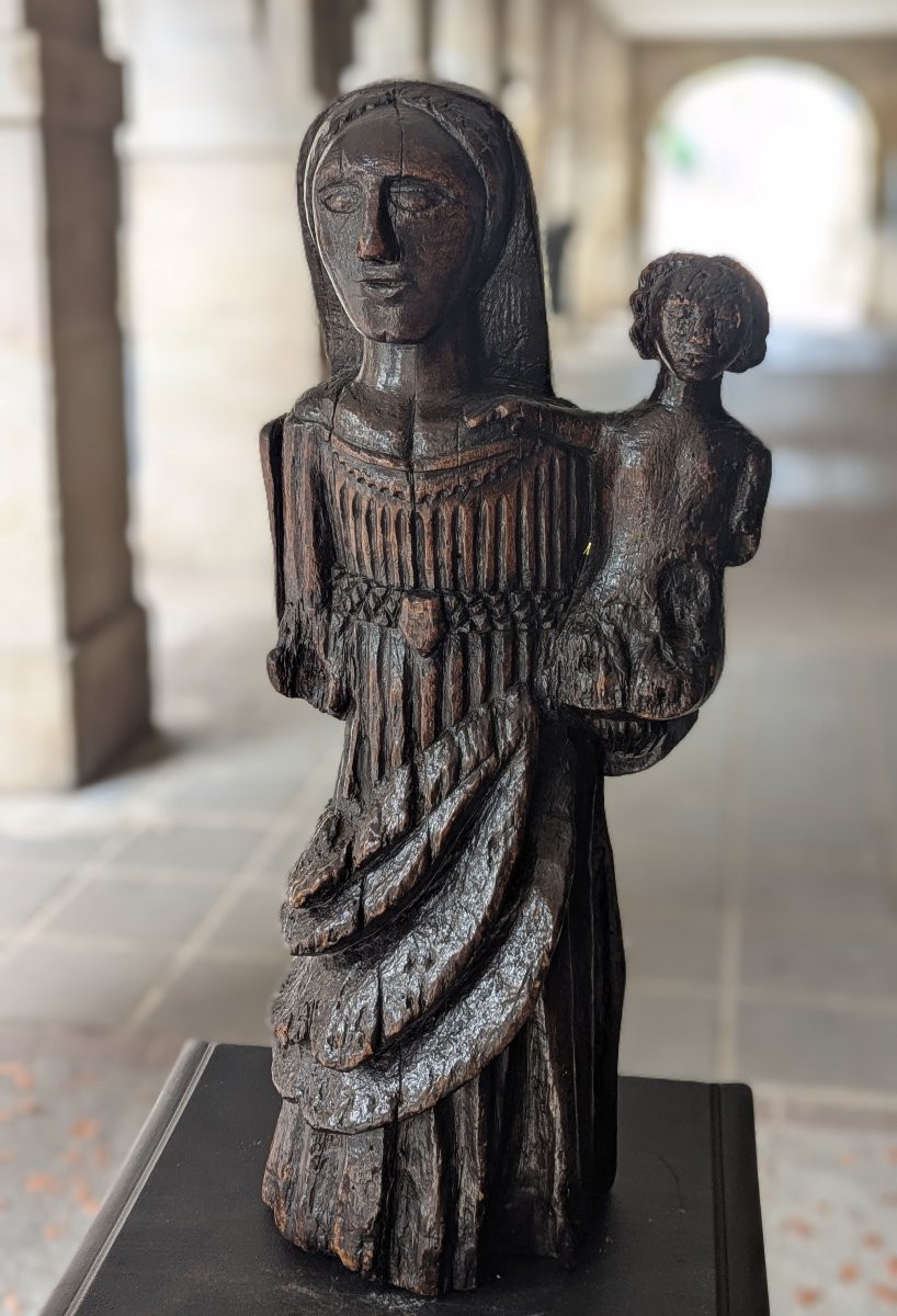 Virgin And Child Monoxyle - Gothic Period - Solid Oak - 48cm -photo-2