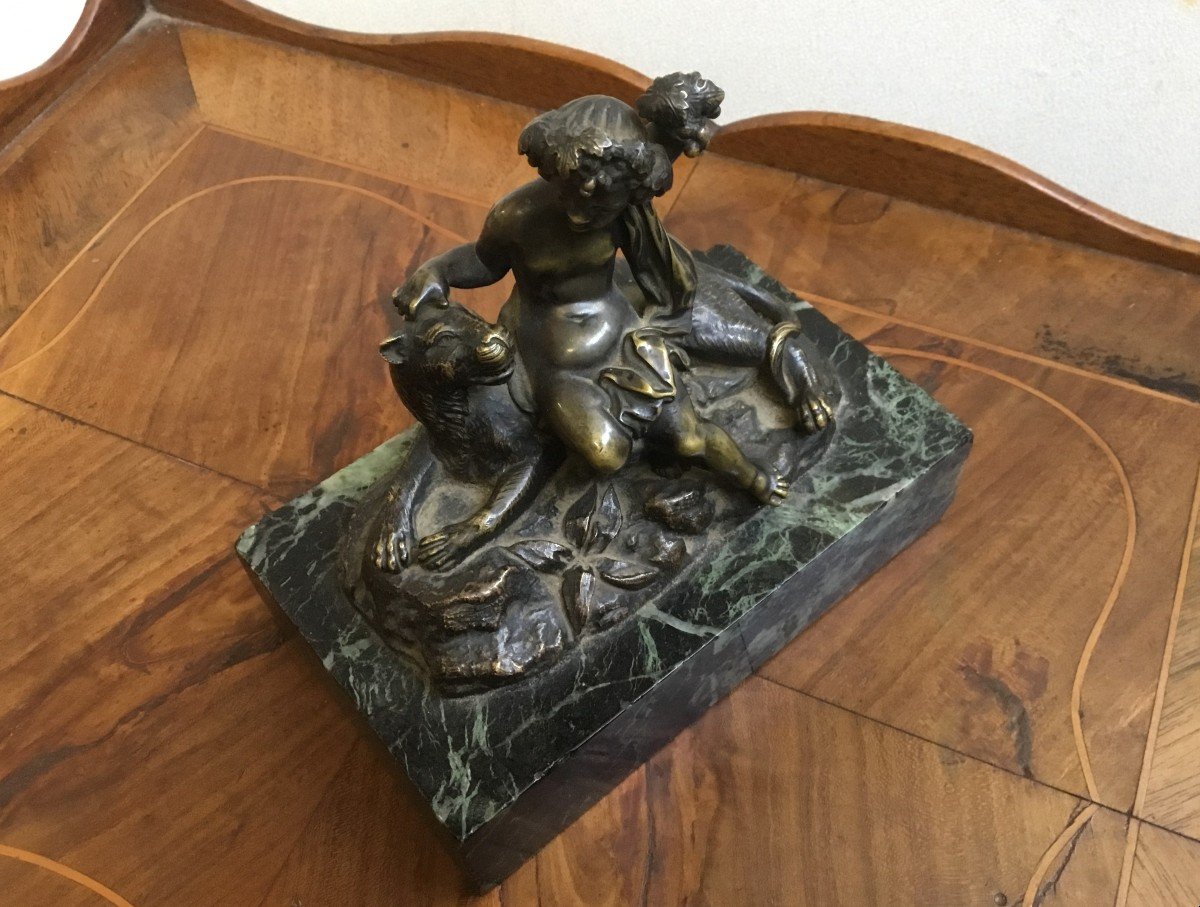 Bronze XIXe : Bacchus enfant et lionne-photo-3