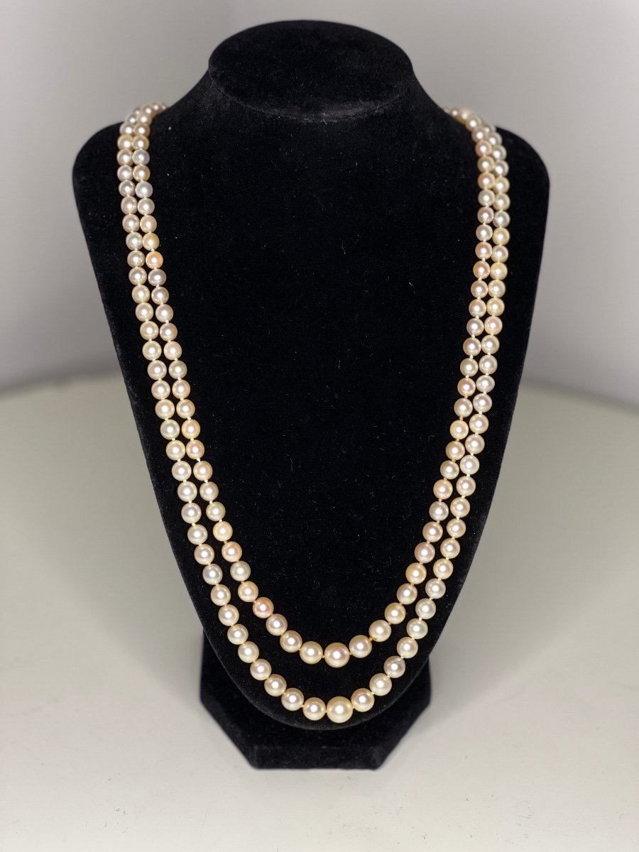 Double Row Necklace 194 Cultured Pearl Gold Clasp And Diamonds 64 Cm Art Deco