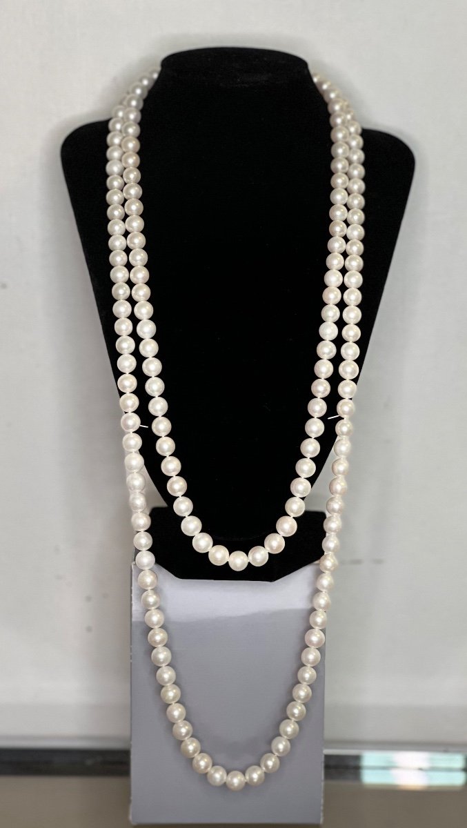 Double Row Necklace 162 White Cultured Pearls Silver Clasp 60.5 Cm 