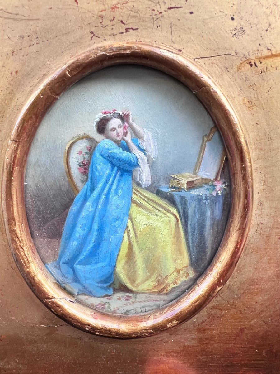 Portait Femme à la Toilette Peinture Miniature Painting 19 Eme Siecle-photo-2