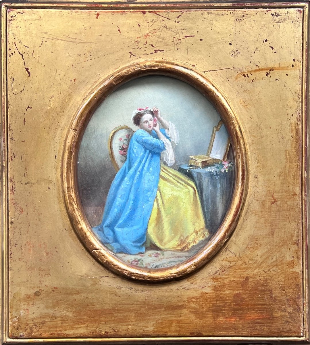 Portait Femme à la Toilette Peinture Miniature Painting 19 Eme Siecle