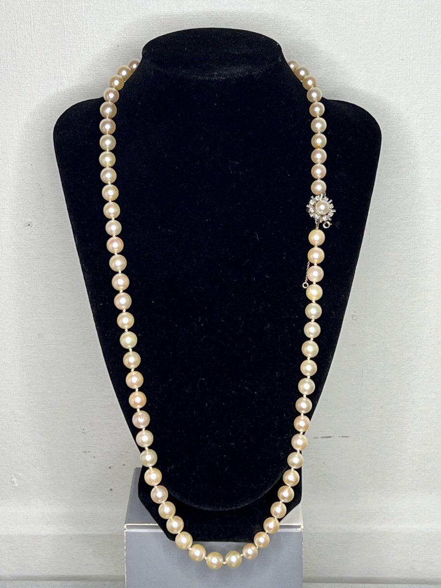 Superbe Collier 70 Perles De Culture Blanches Akoya Fermoir Or 18 K 8 Diamants 67 Cm-photo-2