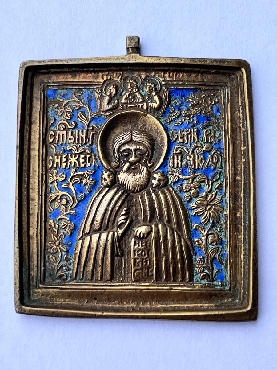 Russian Icon Bronze Cloisonne Enamel 19th Century Saint Nicholas