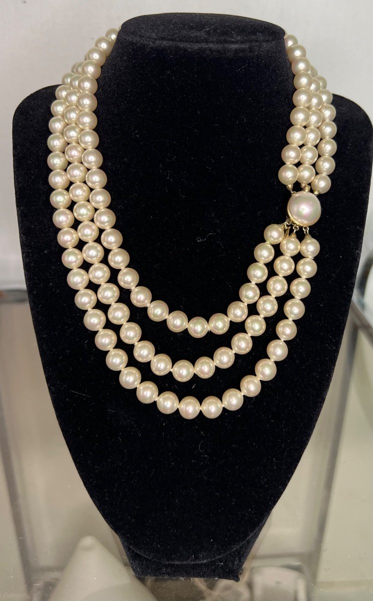 Superb 3 Row White Pearl Necklace 14k Gold Clasp 41.5 Cm-photo-2