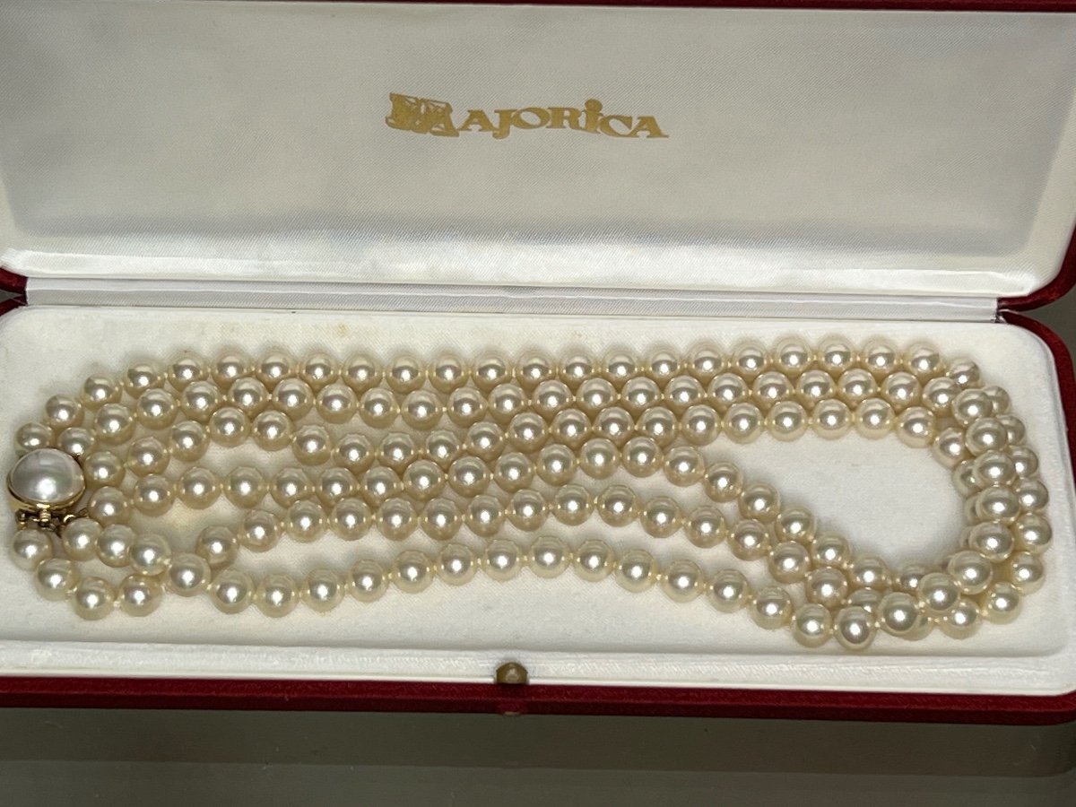 Superb 3 Row White Pearl Necklace 14k Gold Clasp 41.5 Cm-photo-4