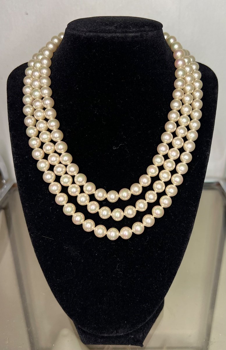 Superb 3 Row White Pearl Necklace 14k Gold Clasp 41.5 Cm