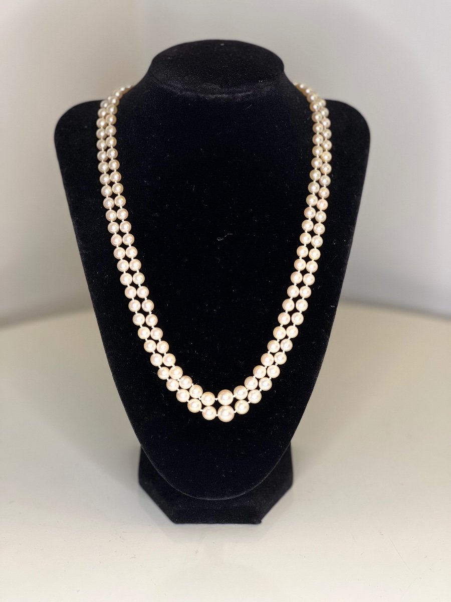 Collier Double Rangs 146 Perles De Culture Blanche Akoya Fermoir Or 18k 53 Cm