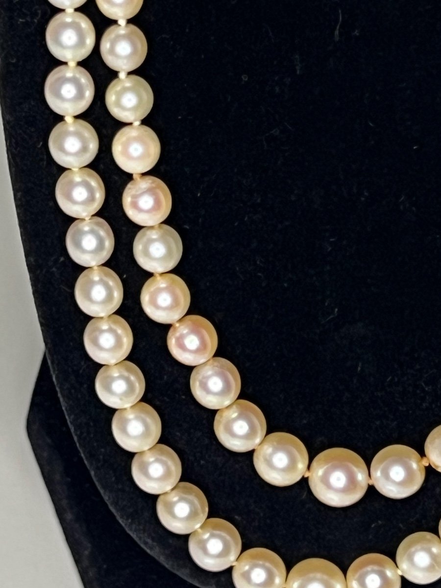 Double Row Necklace 194 Cultured Pearl Gold Clasp And Diamonds 64 Cm Art Deco-photo-2