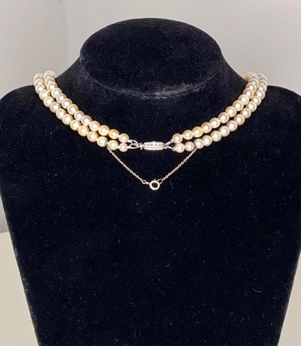 Double Row Necklace 194 Cultured Pearl Gold Clasp And Diamonds 64 Cm Art Deco-photo-3