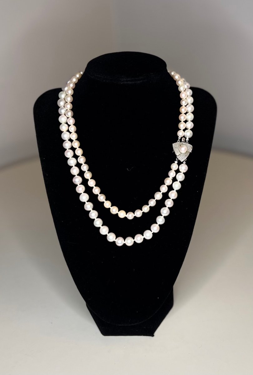 Double Row Cultured Pearl Choker Necklace Silver Clasp 42 Cm-photo-3