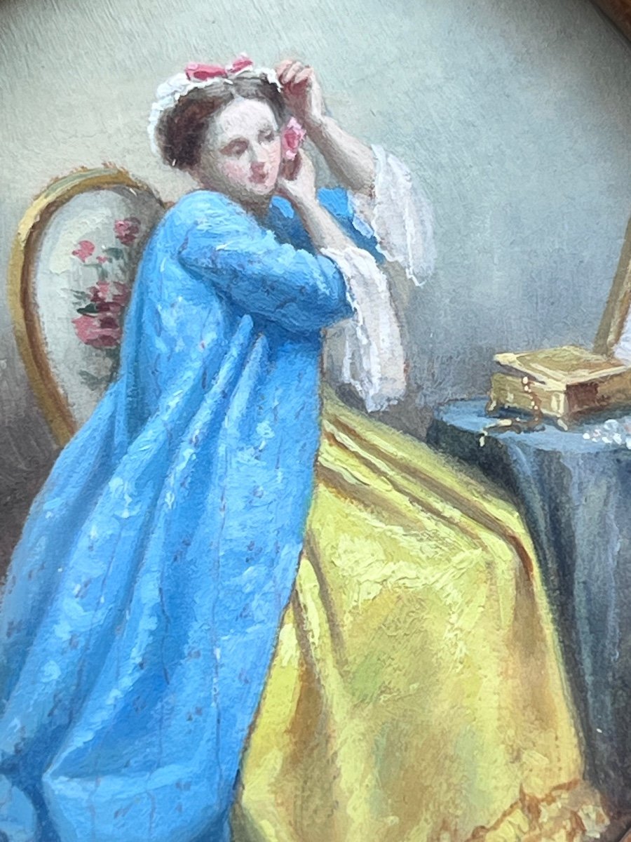 Portrait Of A Woman At Her Toilet Miniature Painting 19th Century-photo-2