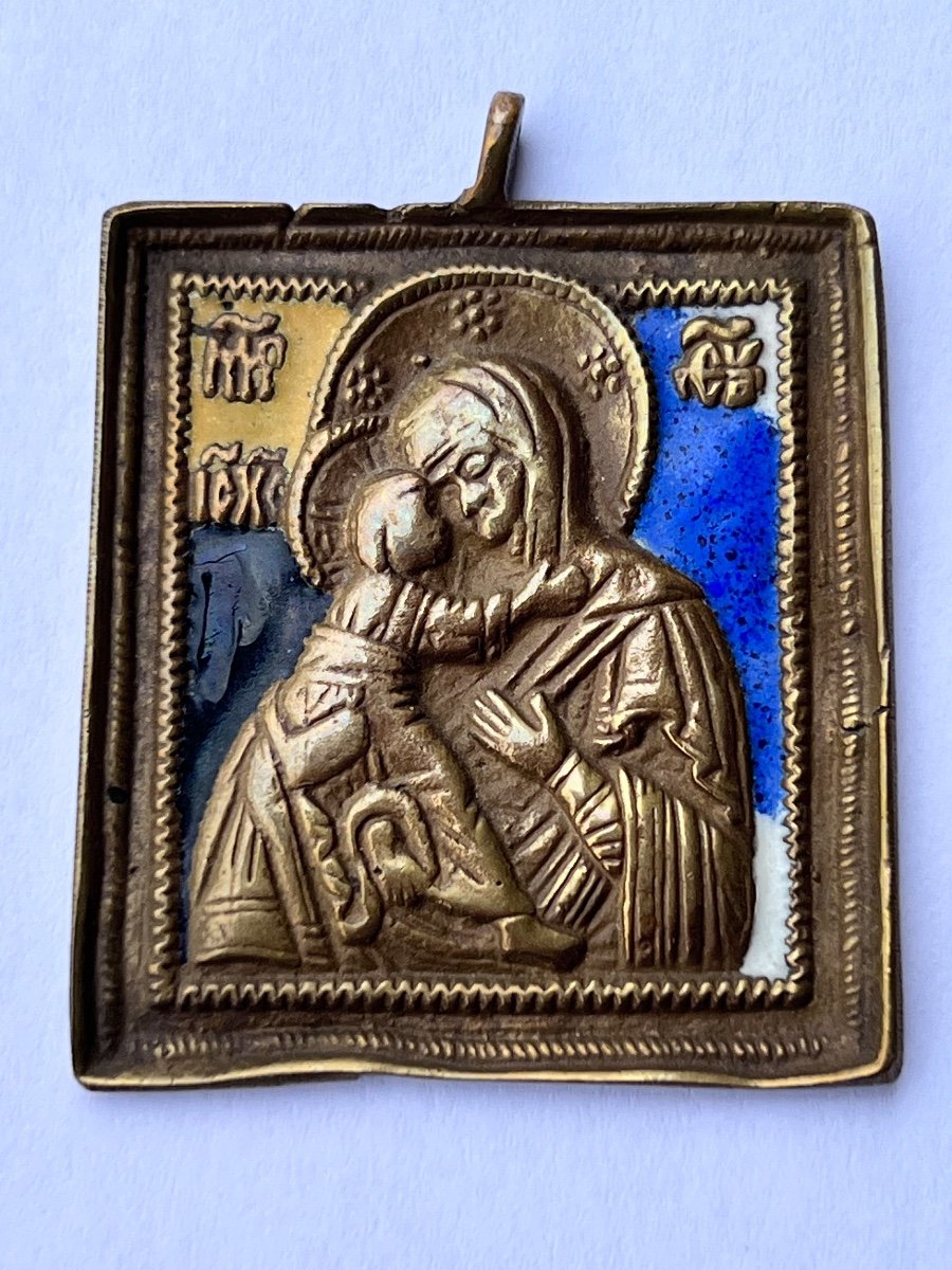 Russian Icon Bronze Cloisonne Enamel 19th Century Virgin Of Tenderness