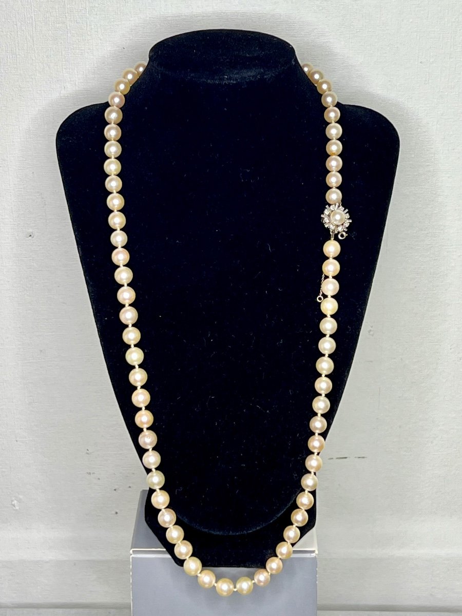 Necklace 70 White Akoya Cultured Pearls 18k Gold Clasp 8 Diamonds 67 Cm-photo-2