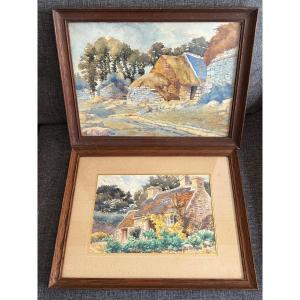 2 Watercolor Paintings Thatched Cottage In The Breton Landes F. Picard 1921
