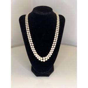 Double Row Necklace 146 Akoya White Cultured Pearls 18k Gold Clasp 53 Cm