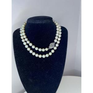 Long Necklace 74 White Akoya Cultured Pearls 18k Gold Clasp Sapphire 74 Cm