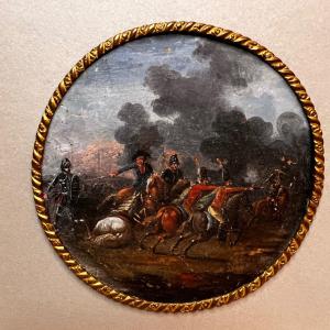 Tondo Tableau Huile Sur Toile Choc De Cavalerie Bataille Empire Peinture 