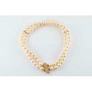 Jewelry Bracelet 2 Rows Of Cultured Pearls 18k Gold Clasp 18 Cm