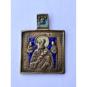 Russian Icon Bronze Cloisonne Enamel 19th Century Saint Nicolas 