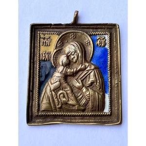 Russian Icon Bronze Cloisonné Enamel 19th Century Virgin Of Tenderness