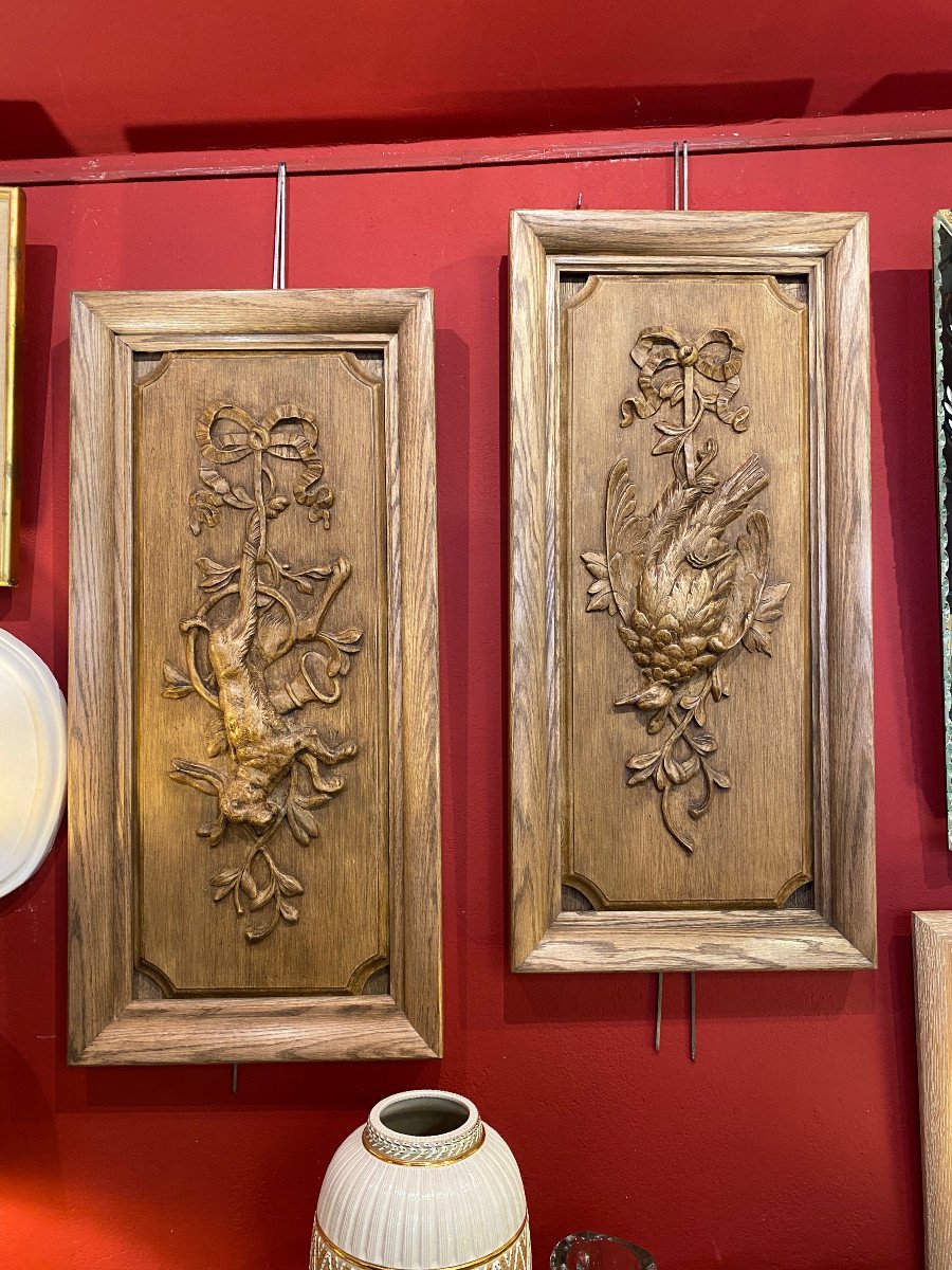 Beutiful Pair Of Bas Reliefs With Hunting Attributes In Terracotta Oak Framing