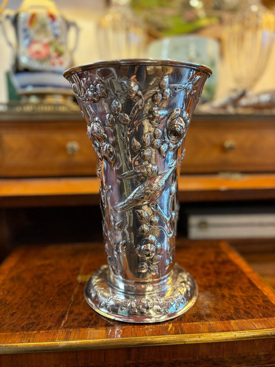 Vase En Argent Massif, Art Nouveau Signé De Simon Rosenau Ht 25,5cm