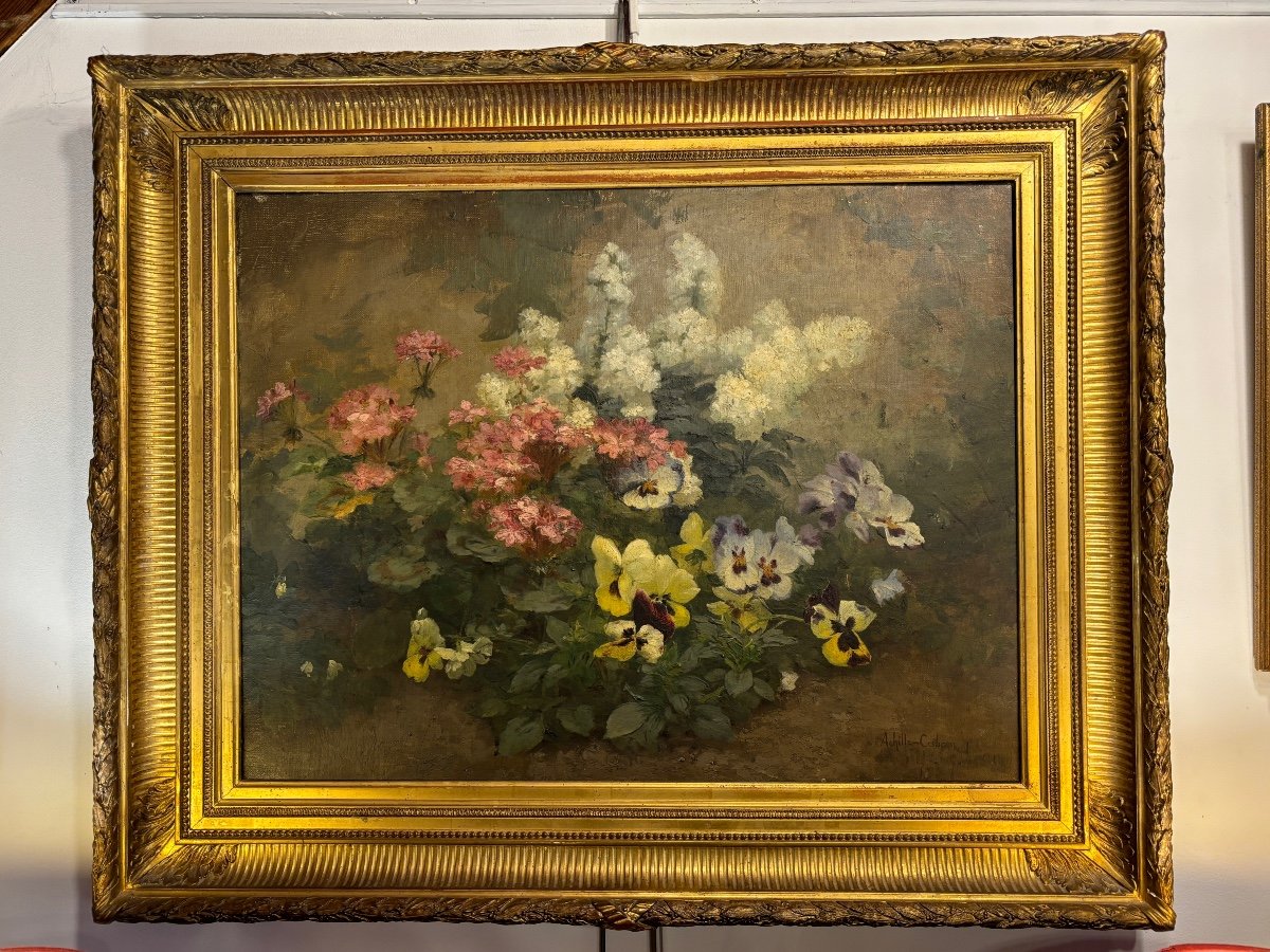 Achille Cesbron 1849 - 1913 : Bouquet De Fleurs Sur Toile. 85 X 70cm