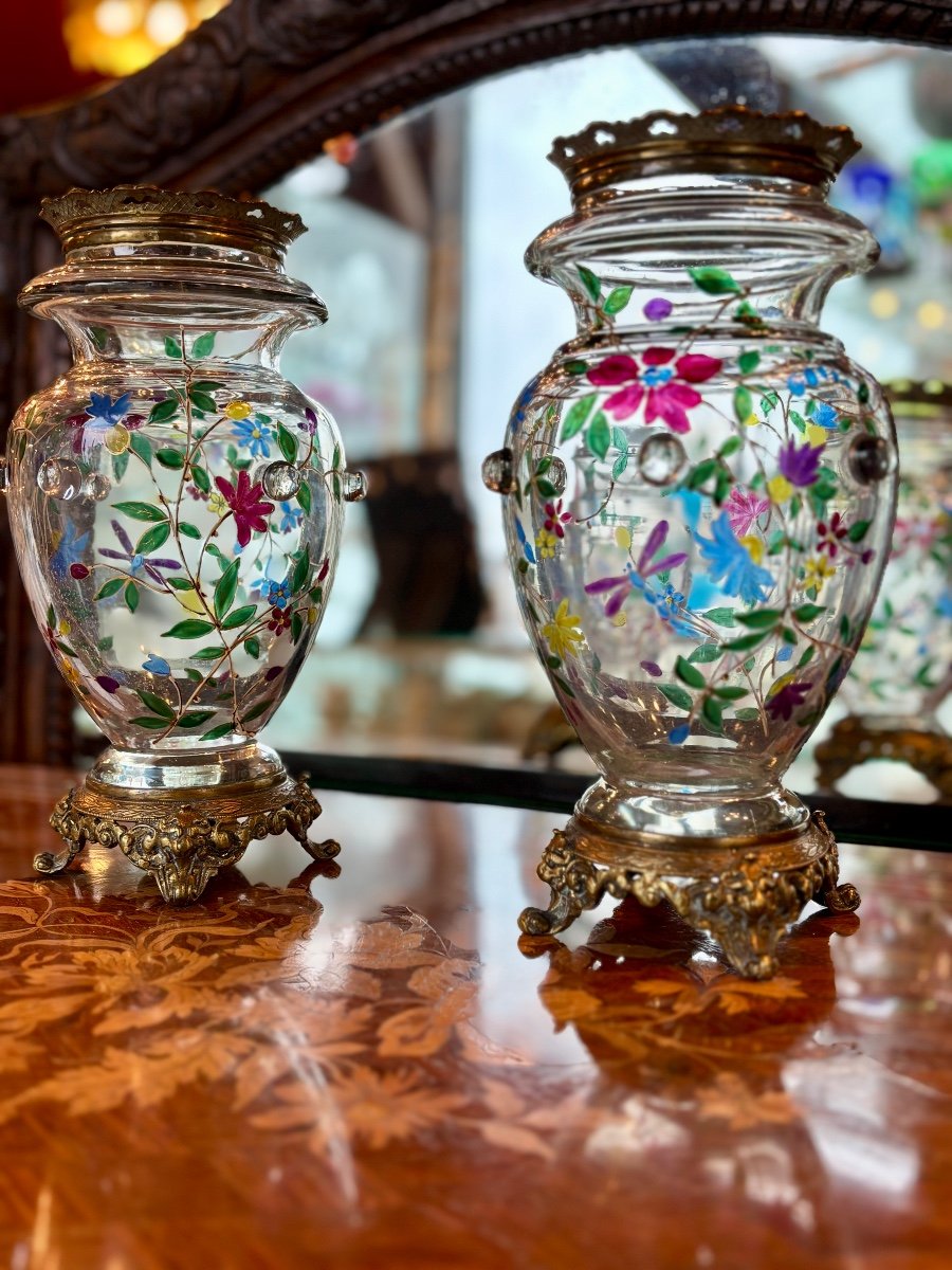 Pair Of Enameled Glass Vases With Bronze Mounts, Late 19th Century-photo-2