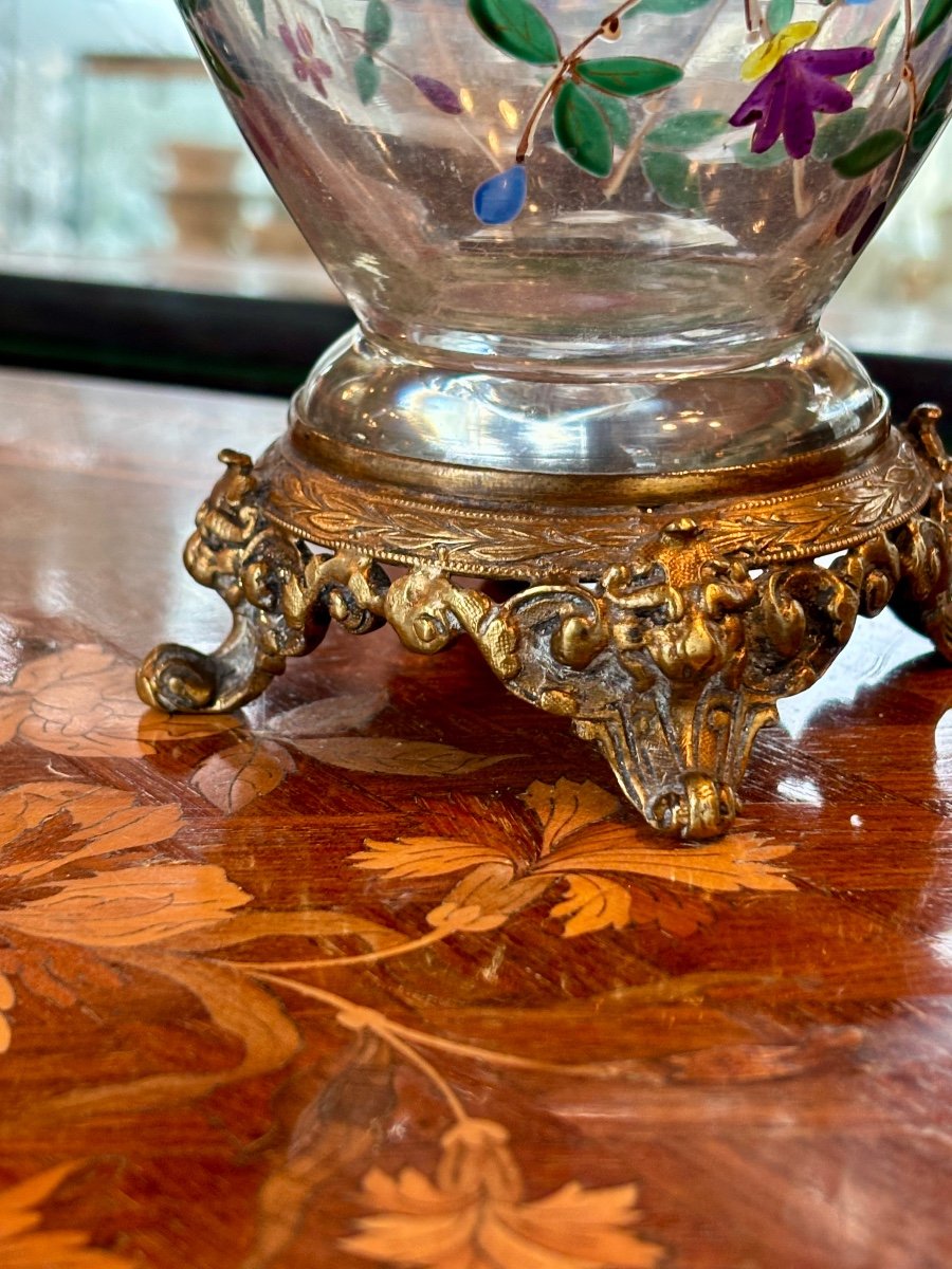 Pair Of Enameled Glass Vases With Bronze Mounts, Late 19th Century-photo-3