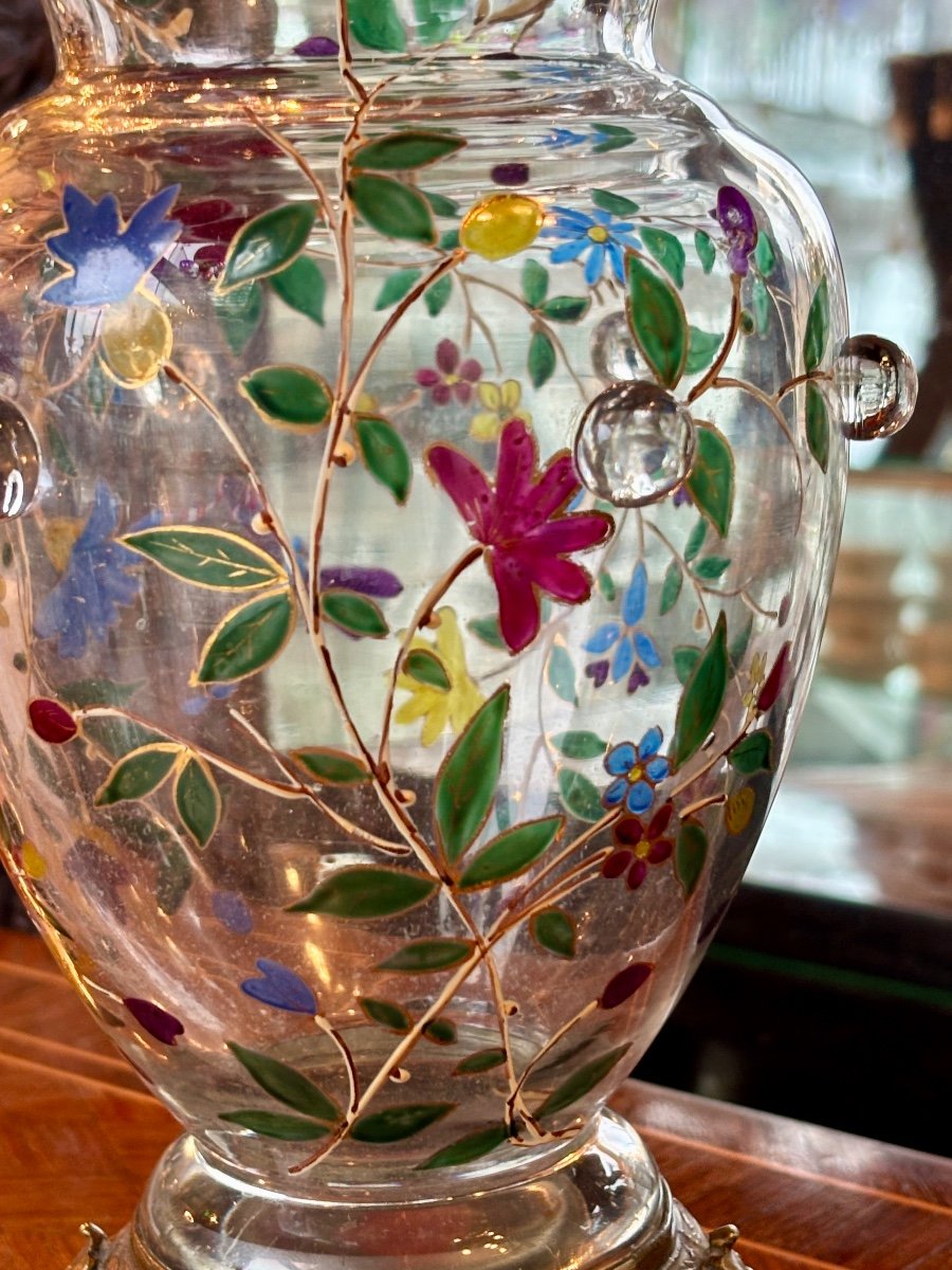 Pair Of Enameled Glass Vases With Bronze Mounts, Late 19th Century-photo-1