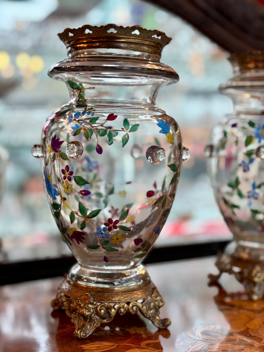 Pair Of Enameled Glass Vases With Bronze Mounts, Late 19th Century-photo-4