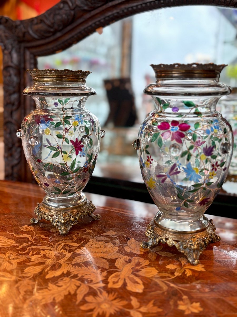 Pair Of Enameled Glass Vases With Bronze Mounts, Late 19th Century