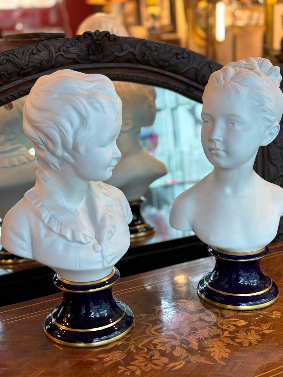 Pair Of Biscuit Busts, Height 40 Cm, The Brongniart Children, After Houdon