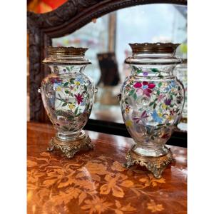 Pair Of Enameled Glass Vases With Bronze Mounts, Late 19th Century