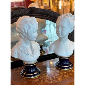 Pair Of Biscuit Busts, Height 40 Cm, The Brongniart Children, After Houdon